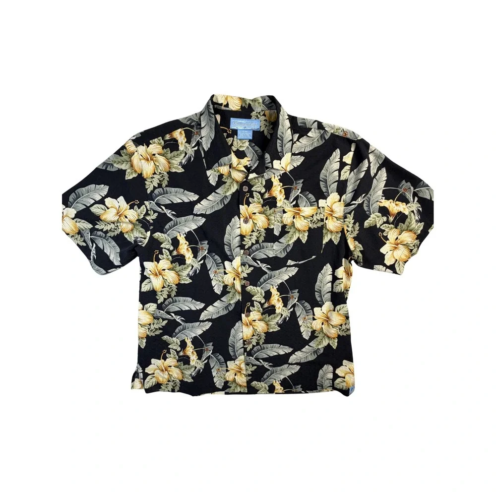 Bermuda Bay Mens XL‎ 100%Silk Hawaiian Shirt Black Yellow Hibiscus Floral Marlin